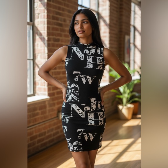 Dresses & Skirts - BLACK WITH WHITE LETTERING FITTED DRESS